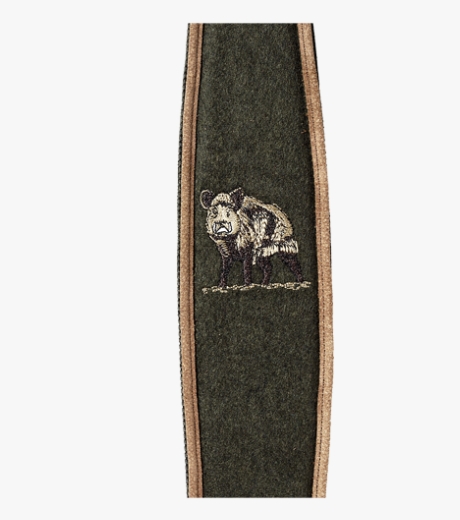 Gewehrriemen aus kräftigem Leder Loden 70 mm breit mit Gummiunterlage 30 mm breit, bestickt mit Keiler